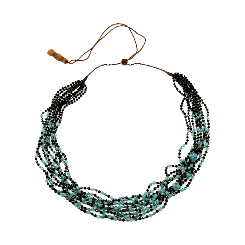 elegant silver necklace with heart charm-Lena Skadegard Nine Strand Black Spinel and Amazonite Turquoise Necklace