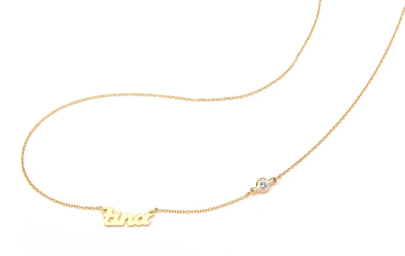 gold necklace for women-Signature Collection: mini script name necklace with one off set crystal