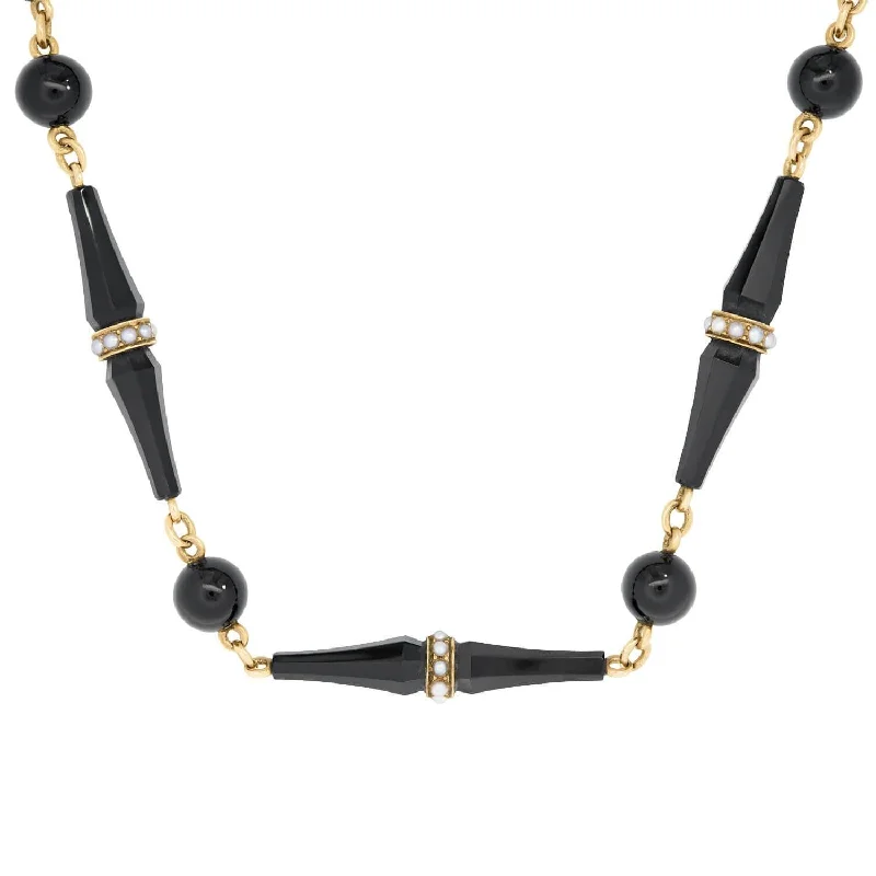 celestial necklace for astrology lovers-Victorian 14k Onyx and Seed Pearl Necklace