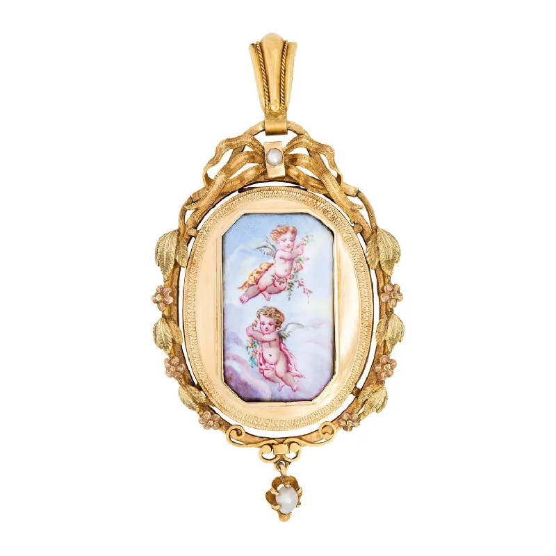 birthstone pendant necklace for women-Victorian 14k Pearl Painted Enamel Cherub Locket Pendant