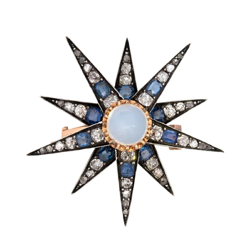 vintage style necklace-Victorian 14k/Sterling Silver Moonstone, Diamond & Sapphire Star Pendant Pin