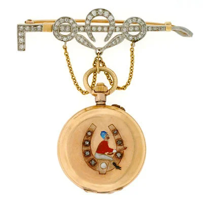 luxurious crystal necklace with gold charm-Victorian 18kt & Plat Enamel & Diamond Horseshoe Watch Pin