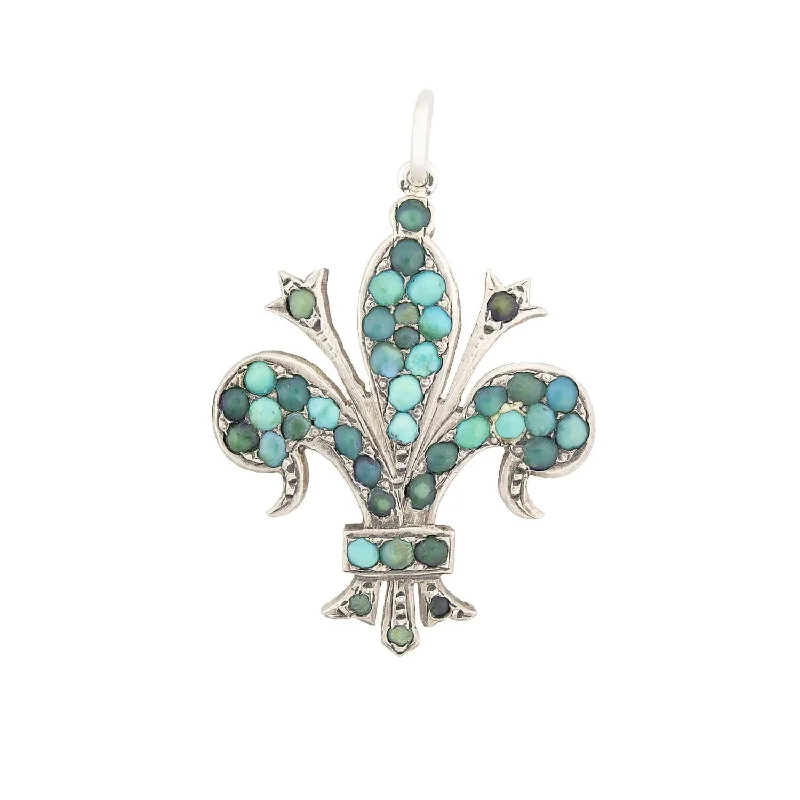 dainty silver necklace for everyday wear-Victorian Sterling Silver Turquoise Fleur De Lis Pendant