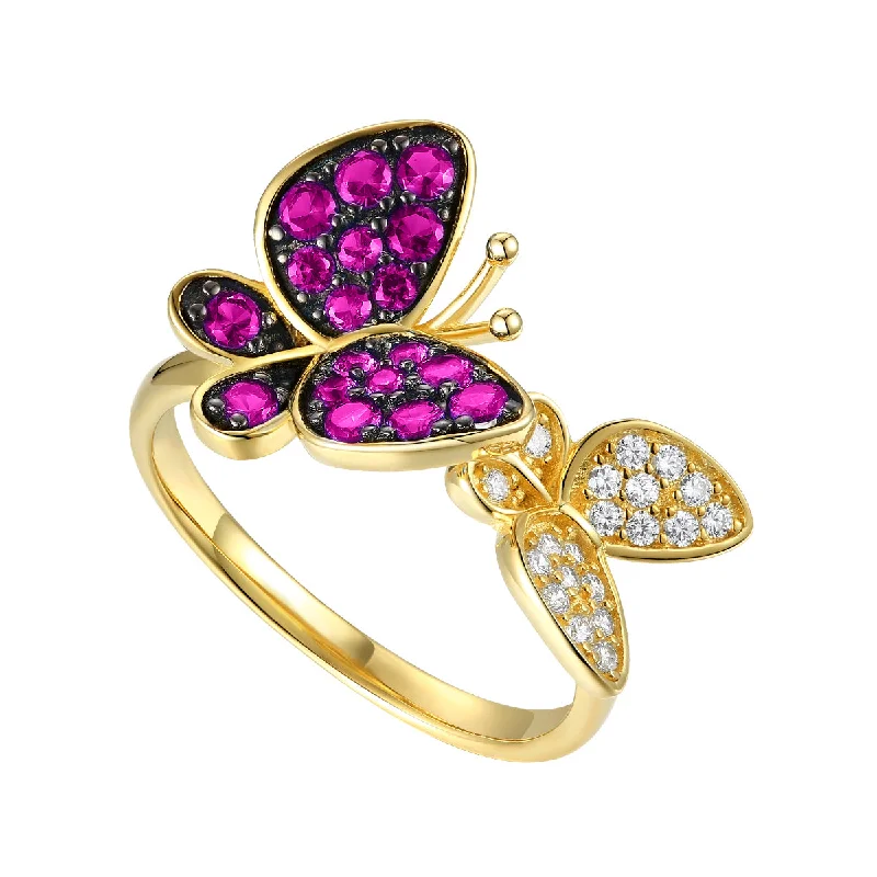 engagement rings with sapphire center stones-14k Gold Plated Sterling Silver with Ruby & Diamond Cubic Zirconia Double Butterfly Stacking Ring