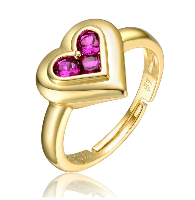 affordable wedding rings-14k Gold Plated with Ruby Red Cubic Zirconia Cluster 3-Heart Halo Promise Ring