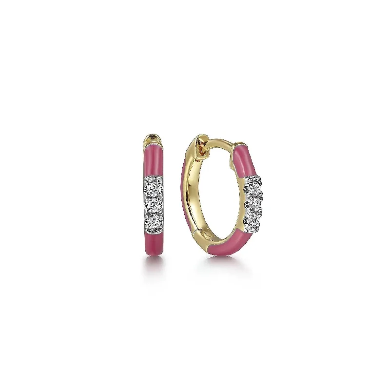 Enamel earrings -14K Yellow Gold Diamond Classic Huggie with Pink Enamel