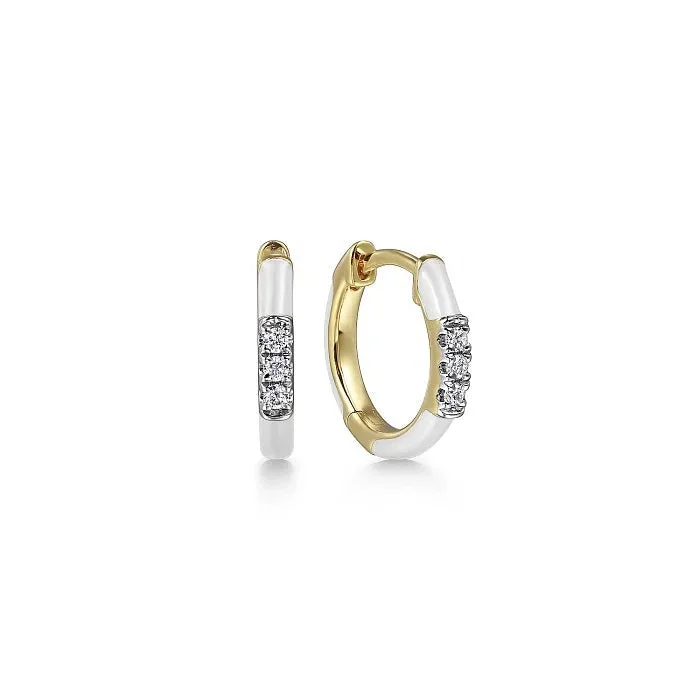 Casual earrings for daily wear -14K Yellow Gold Diamond Classic Huggie with White Enamel