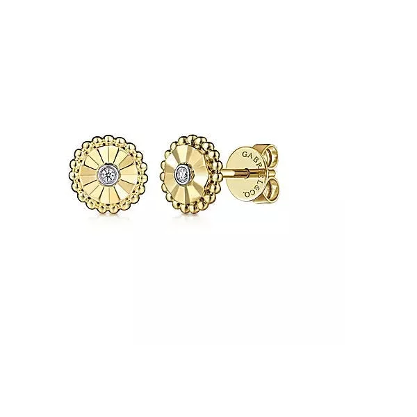 Contemporary earrings for women -14K Yellow-White Gold  .02cttw Bezel Set in White Gold Diamond Cut Stud Earrings