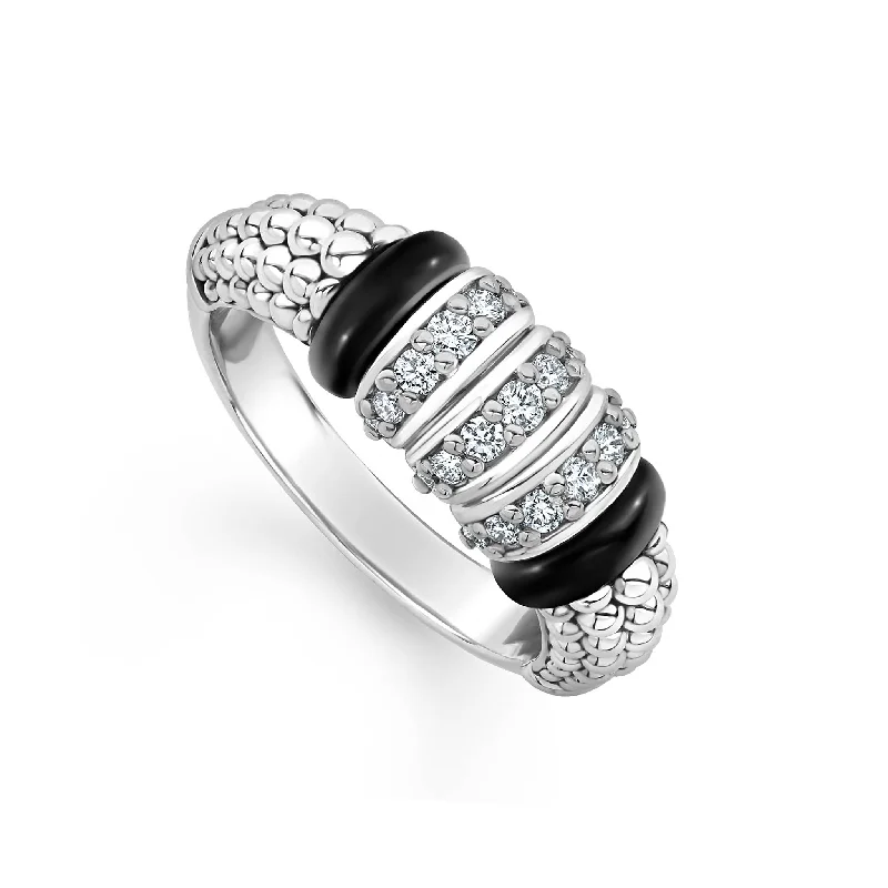 engagement rings with oval diamonds for women-Black Caviar Three Station Diamond Ceramic Caviar Ring