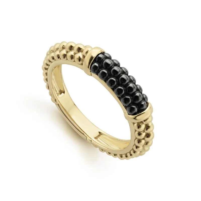 sterling silver rings for women-Black Caviar Ceramic 18K Gold Caviar Stacking Ring