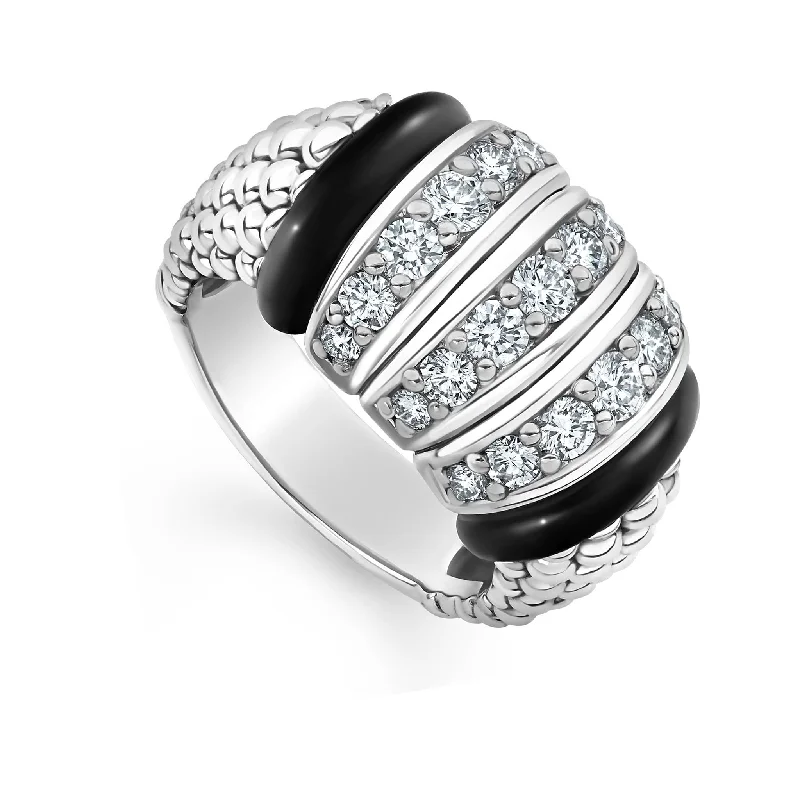 best wedding rings for women-Black Caviar Three Station Ceramic Caviar Diamond Ring