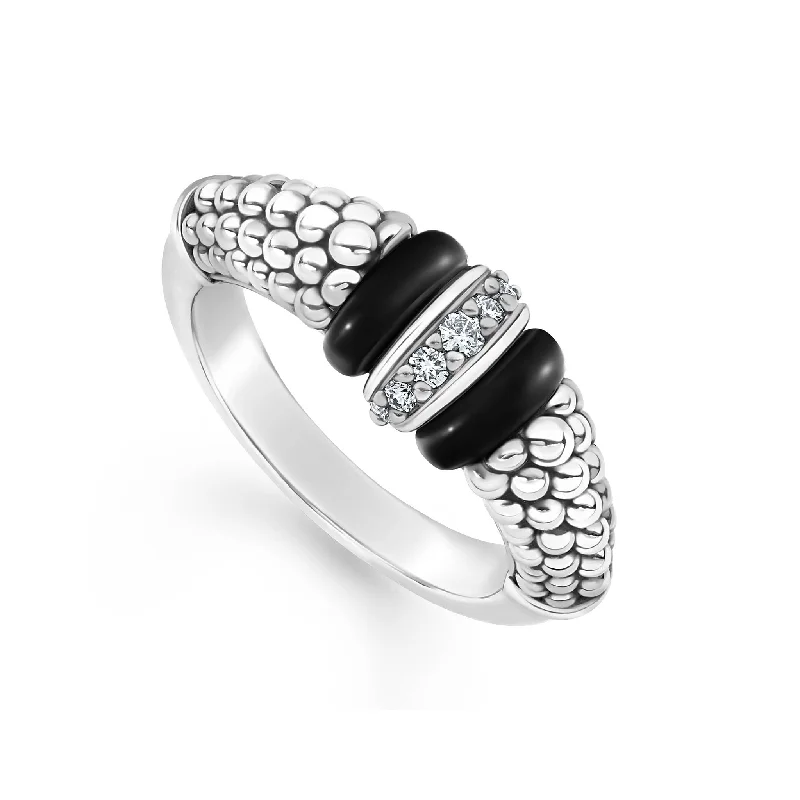 rings for men with platinum settings-Black Caviar Ceramic and Caviar Diamond Ring