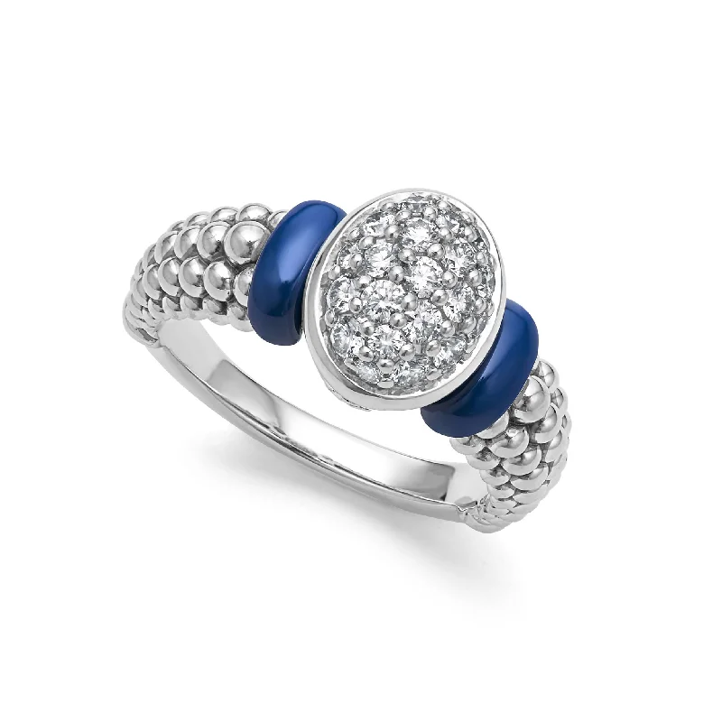 gemstone wedding rings-Blue Caviar Oval Ceramic Caviar Diamond Ring