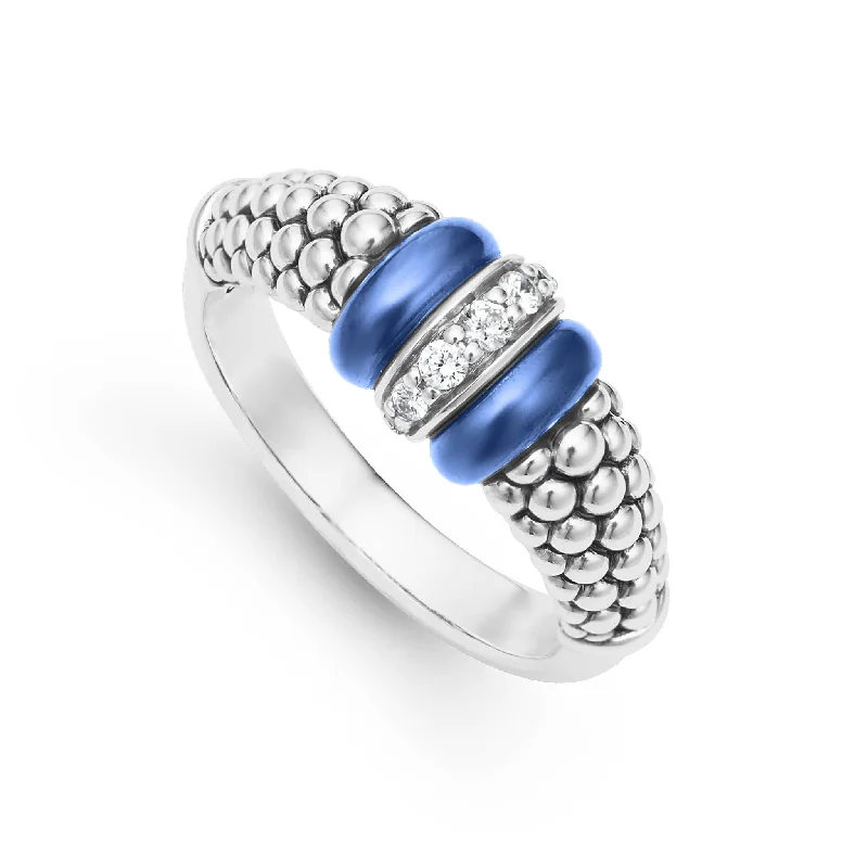 rings for women with large diamonds-Blue Caviar Ceramic and Diamond Caviar Ring