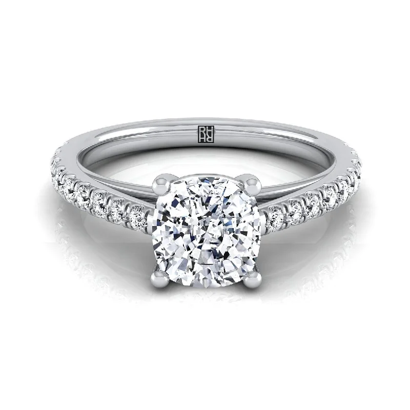 birthstone rings for women-18K White Gold Cushion Diamond French Pave Cathedral Style Solitaire Engagement Ring -1/4ctw