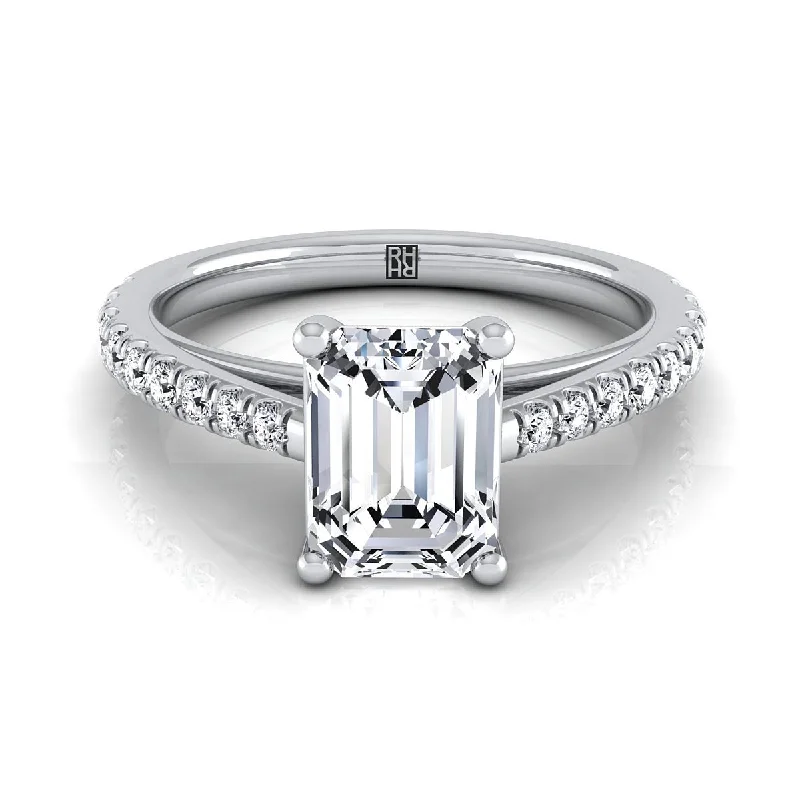 wedding ring sets for men-18K White Gold Emerald Cut Diamond French Pave Cathedral Style Solitaire Engagement Ring -1/4ctw