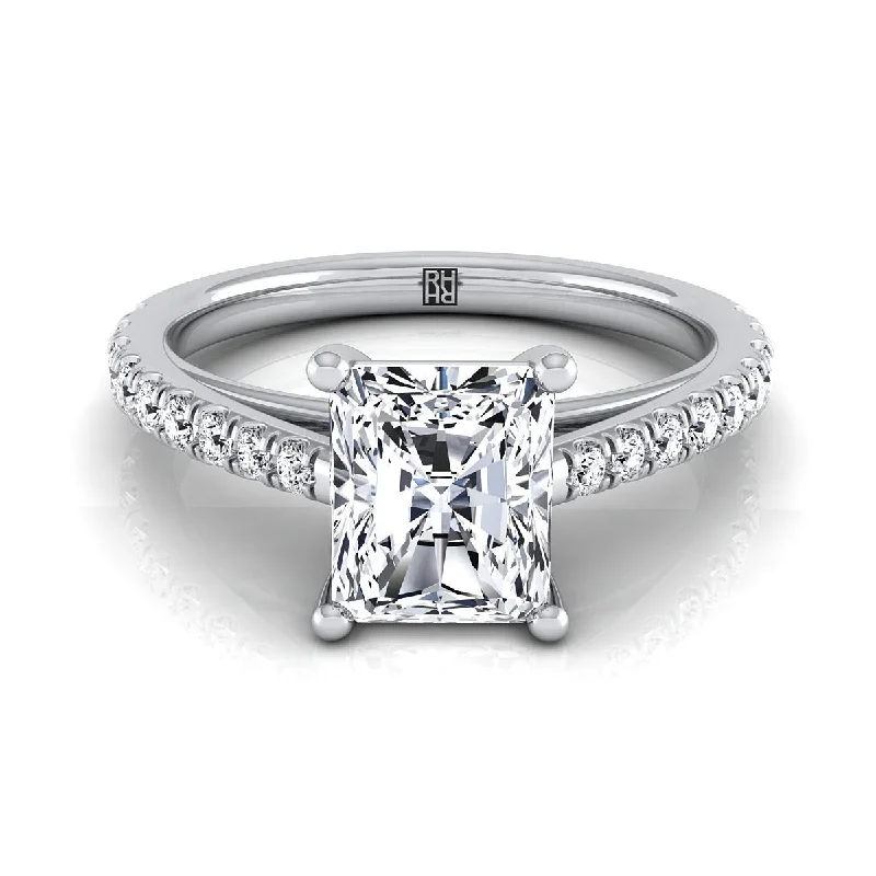 promise rings for boyfriend-18K White Gold Radiant Cut Center Diamond French Pave Cathedral Style Solitaire Engagement Ring -1/4ctw