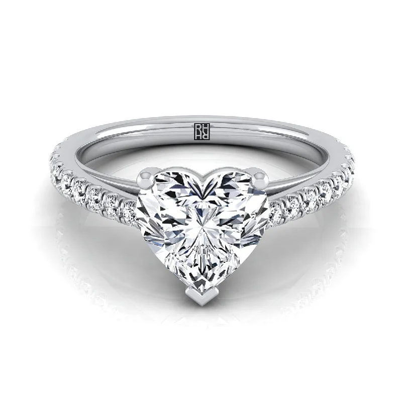 affordable wedding rings-18K White Gold Heart Shape Center Diamond French Pave Cathedral Style Solitaire Engagement Ring -1/4ctw