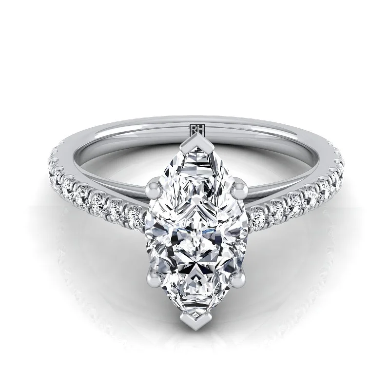 engagement rings for women with diamonds-18K White Gold Marquise  Diamond French Pave Cathedral Style Solitaire Engagement Ring -1/4ctw