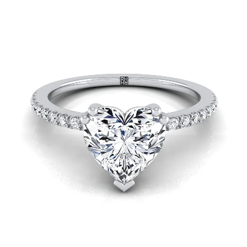 bridal sets with engagement rings-18K White Gold Heart Shape Center Diamond Simple French Pave Double Claw Prong Engagement Ring -1/6ctw