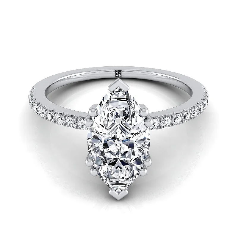 elegant engagement rings for women-18K White Gold Marquise  Diamond Simple French Pave Double Claw Prong Engagement Ring -1/6ctw