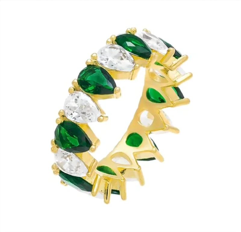 gold wedding bands with diamonds-Colored Pear Shaped Eternity Band In Emerald Green