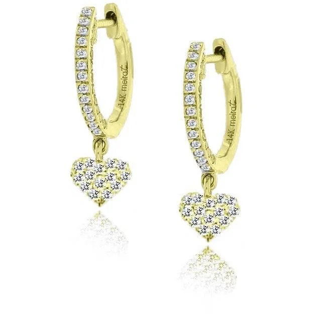 Elegant dangle earrings -Meira T  Yellow Gold Pave Diamond Hoop Huggie Earrings