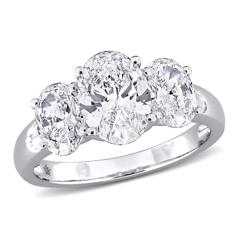 engagement rings with platinum diamond bands-Created Forever 3ct TW Oval-Cut Lab-Grown Diamond 3-Stone Engagement Ring in 14k White Gold