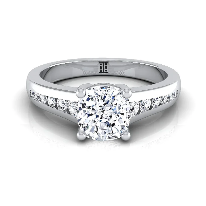 men’s gemstone rings-18K White Gold Cushion Contemporary Tapered Diamond Channel Engagement Ring -1/6ctw