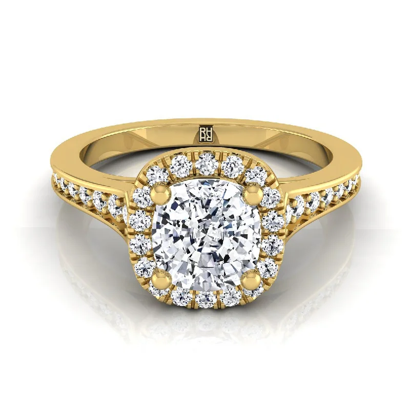 rings for women with square diamonds-14K Yellow Gold Cushion Diamond Classic Halo with Channel French Pave Engagement RIng  -1/3ctw