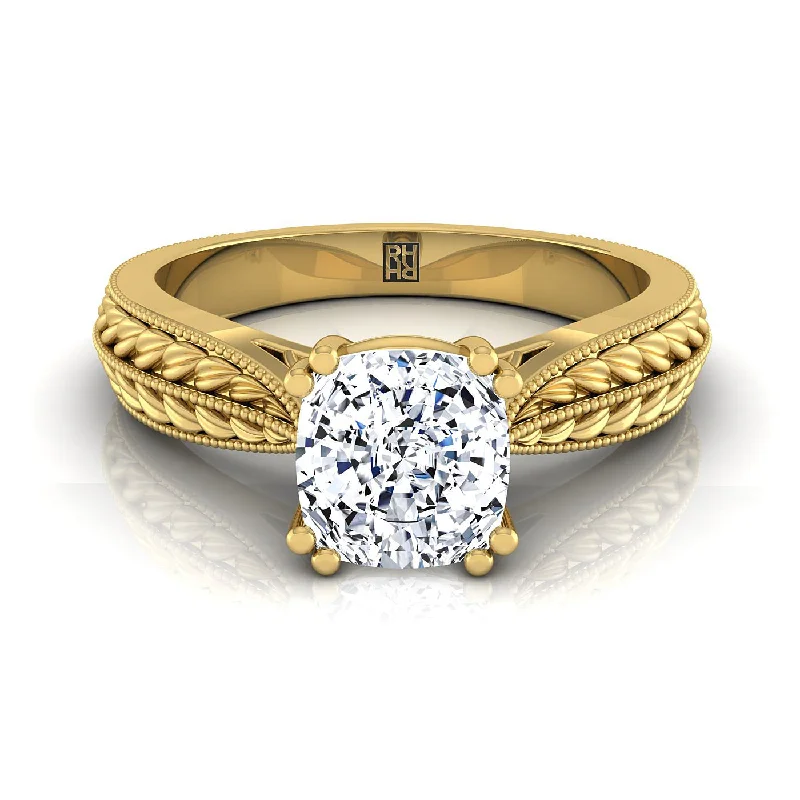 unique diamond rings-14K Yellow Gold Cushion Antique Wheat and Bead Pinched Solitaire Engagement RIng