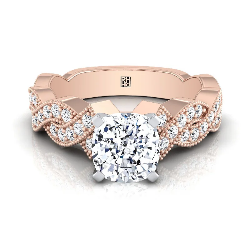 engagement rings with diamond center stones-14K Rose Gold Cushion Criss Cross Pave Beaded Diamond Engagement Ring -3/8ctw