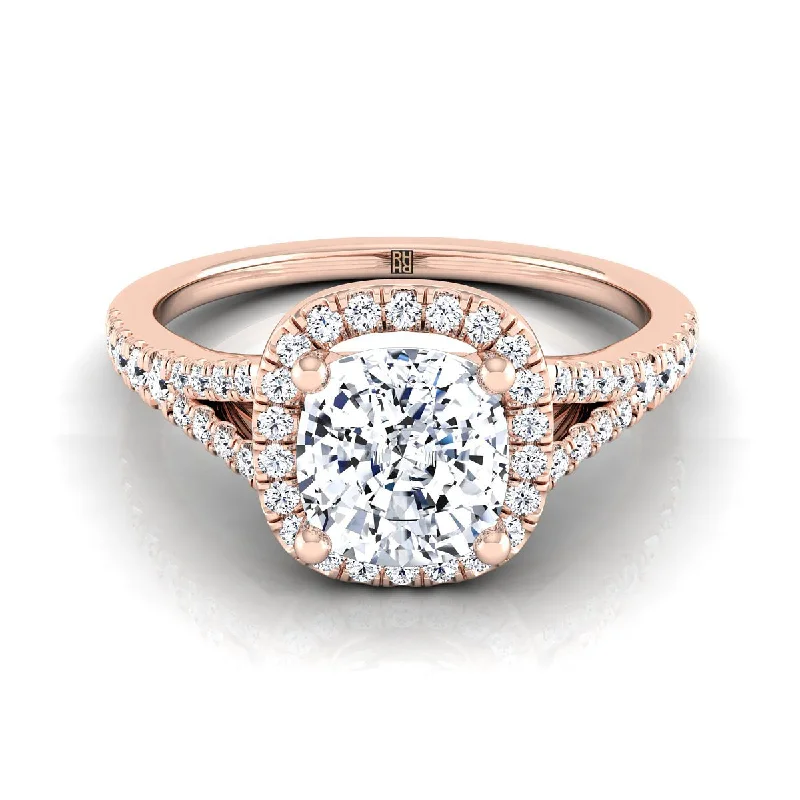 men’s wedding rings with sapphire diamonds-14K Rose Gold Cushion French Pave Split Shank Halo Engagement Ring -1/4ctw