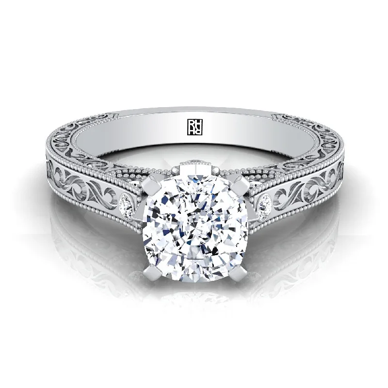 large engagement rings-14K White Gold Cushion Delicate Diamond Accented Antique Hand Engraved Engagement Ring -1/10ctw