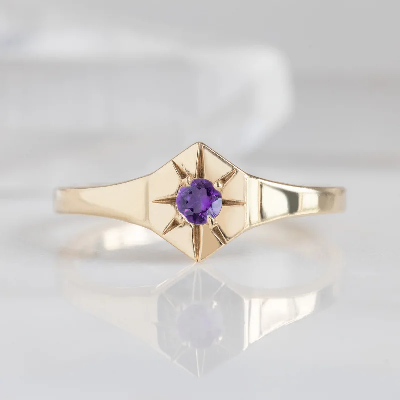 personalized wedding rings-Custom Amethyst Birthstone Signet Ring | 10K Yellow Gold