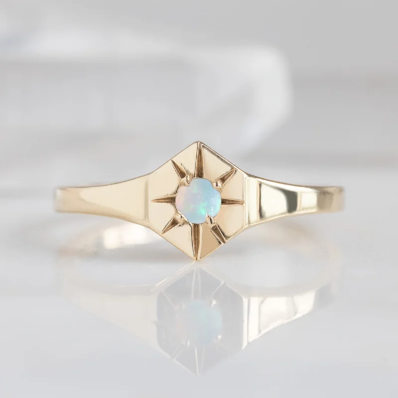 vintage wedding bands-Custom Opal Birthstone Signet Ring | 10K Yellow Gold