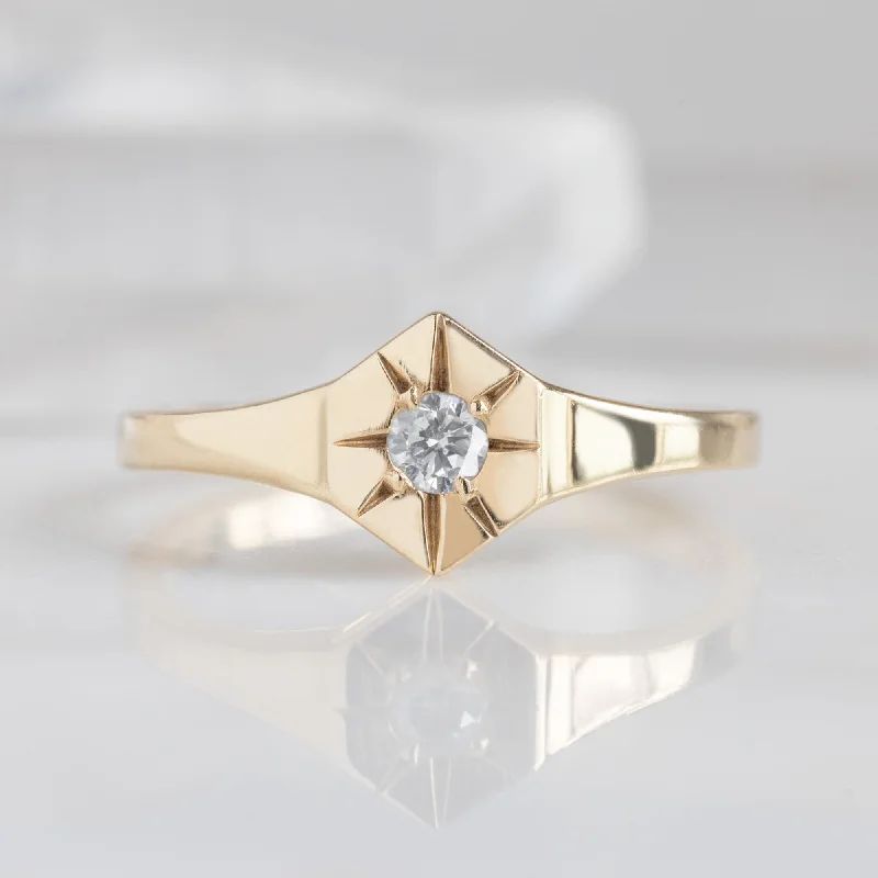 yellow gold engagement rings-Custom White Diamond Birthstone Signet Ring | 10K Yellow Gold