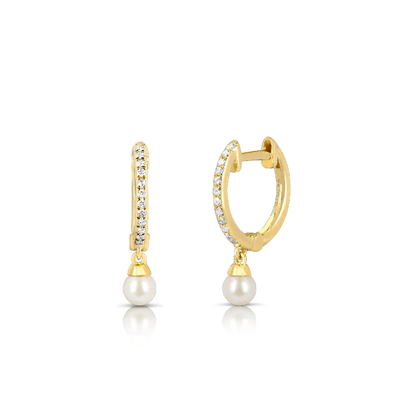 Rose gold earrings -Dangling Pearl Huggie Hoops