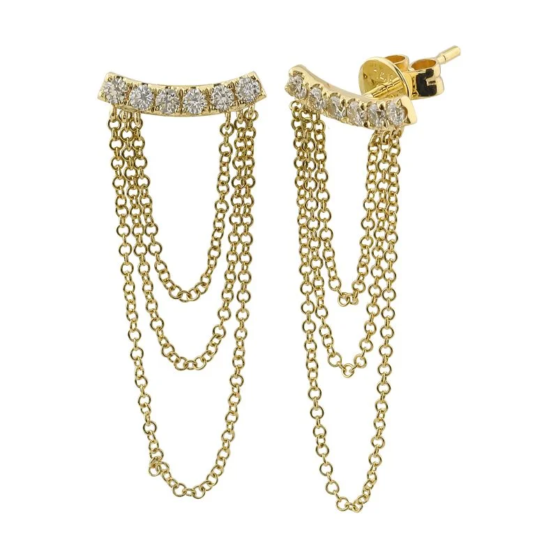 Stylish crystal drop earrings -Diamond Bar Triple Chain Stud Earrings