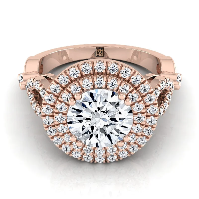 women’s wedding rings with multi-colored diamonds-14K Rose Gold Round Brilliant Diamond Scalloped Pavé Open Side Double Halo Diamond Engagement Ring -1/2ctw