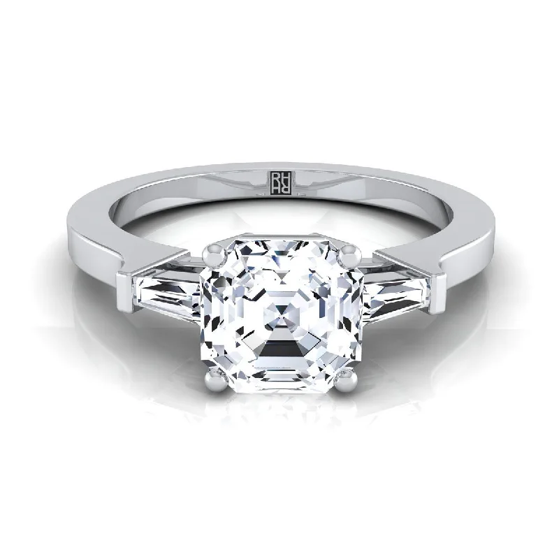 custom rings with square diamond cuts-14K White Gold Asscher Cut Diamond Tapered Baguette Accent Engagement Ring -1/4ctw