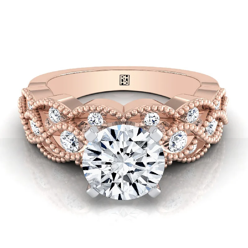 engagement rings with round-cut diamonds-14K Rose Gold Round Brilliant Diamond Open Beaded Scalloped Twist Antique Diamond Engagement Ring -1/3ctw