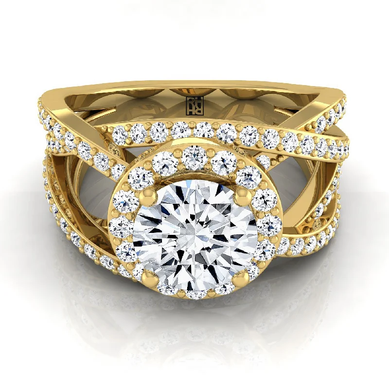 vintage rings for women-14K Yellow Gold Round Brilliant Unique Open Intertwined Diamond Pave Row Engagement Ring -1ctw