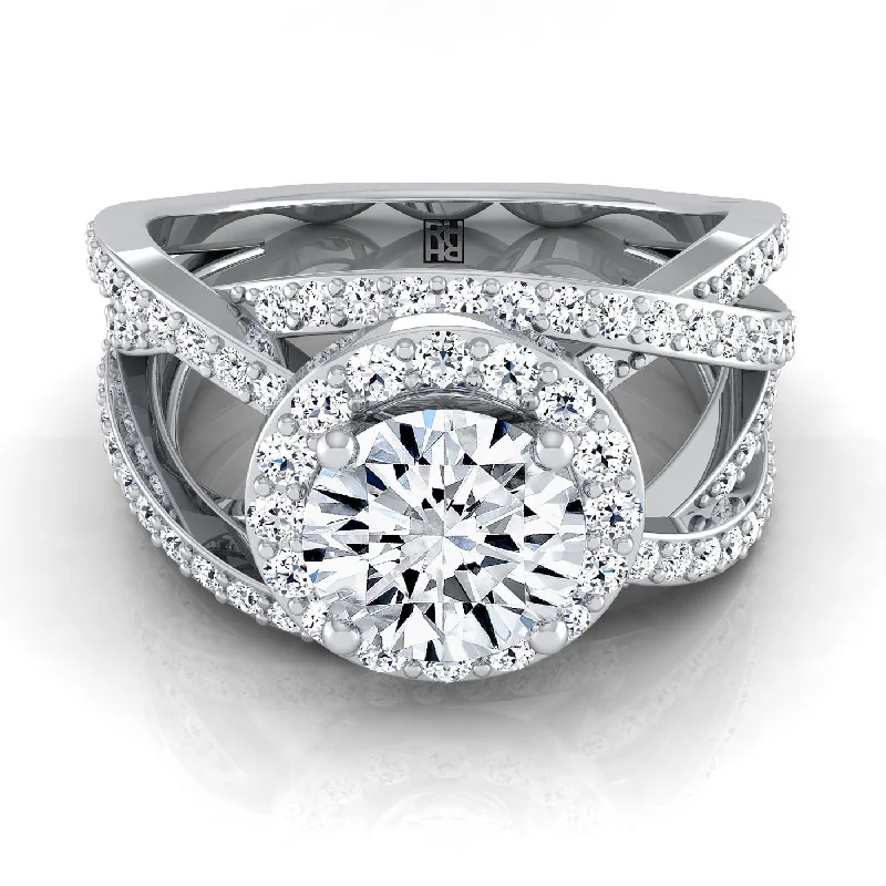 stylish rings for women-Platinum Round Brilliant Unique Open Intertwined Diamond Pave Row Engagement Ring -1ctw