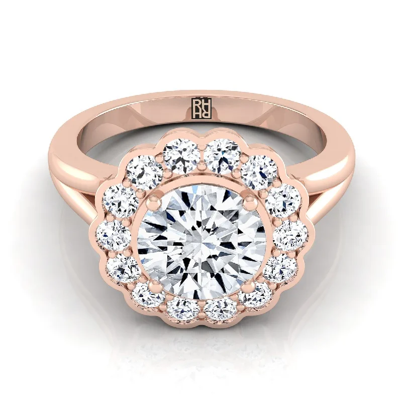 birthstone rings for women-14K Rose Gold Round Brilliant Floral Diamond Halo Simple Split Shank -3/8ctw