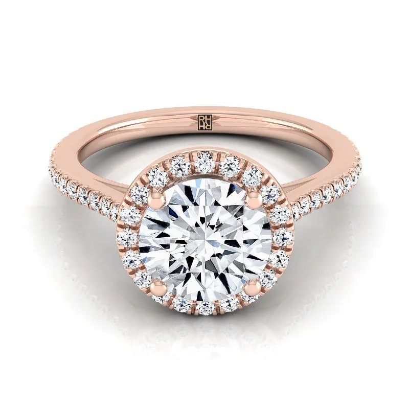 wedding rings with mixed gemstone designs-14K Rose Gold Round Brilliant Classic French Pave Halo and Linear Engagement Ring -1/4ctw