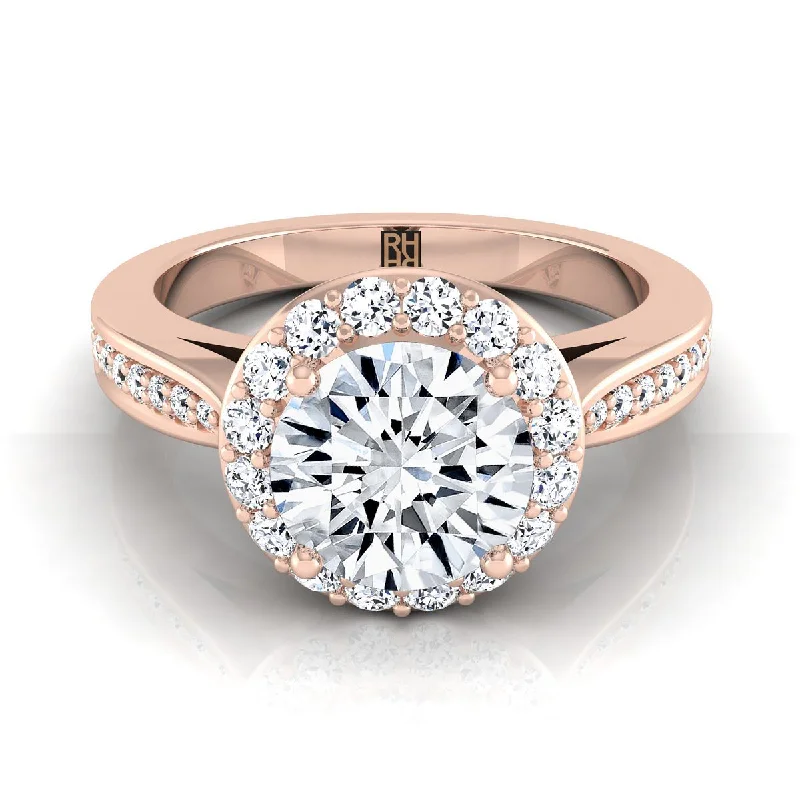 engagement rings with round settings-14K Rose Gold Round Brilliant Diamond Straight Channel Row French Pave Halo Engagement Ring -3/8ctw