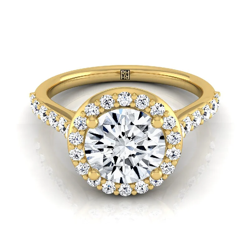 wedding rings for men with diamonds-14K Yellow Gold Round Brilliant Diamond Shared Prong Halo with French Pave Engagement Ring -1/2ctw