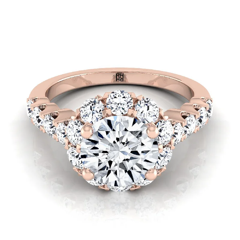 women’s engagement rings with sapphire accents-14K Rose Gold Round Brilliant Shared Prong Halo and Linear Side Set Diamond Engagement Ring -7/8ctw