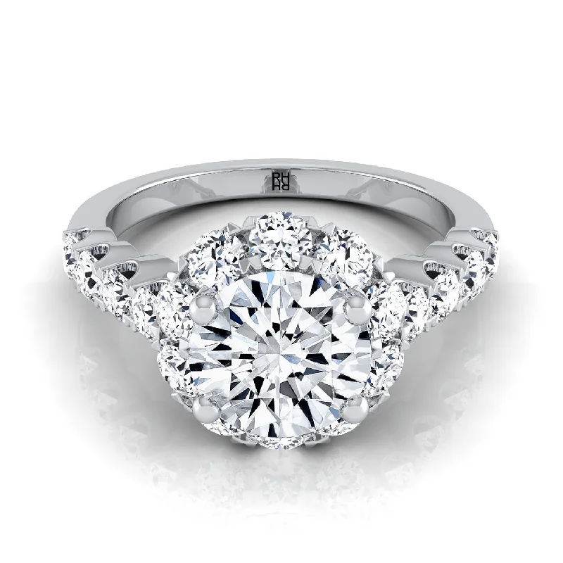 diamond cluster rings-Platinum Round Brilliant Shared Prong Halo and Linear Side Set Diamond Engagement Ring -7/8ctw